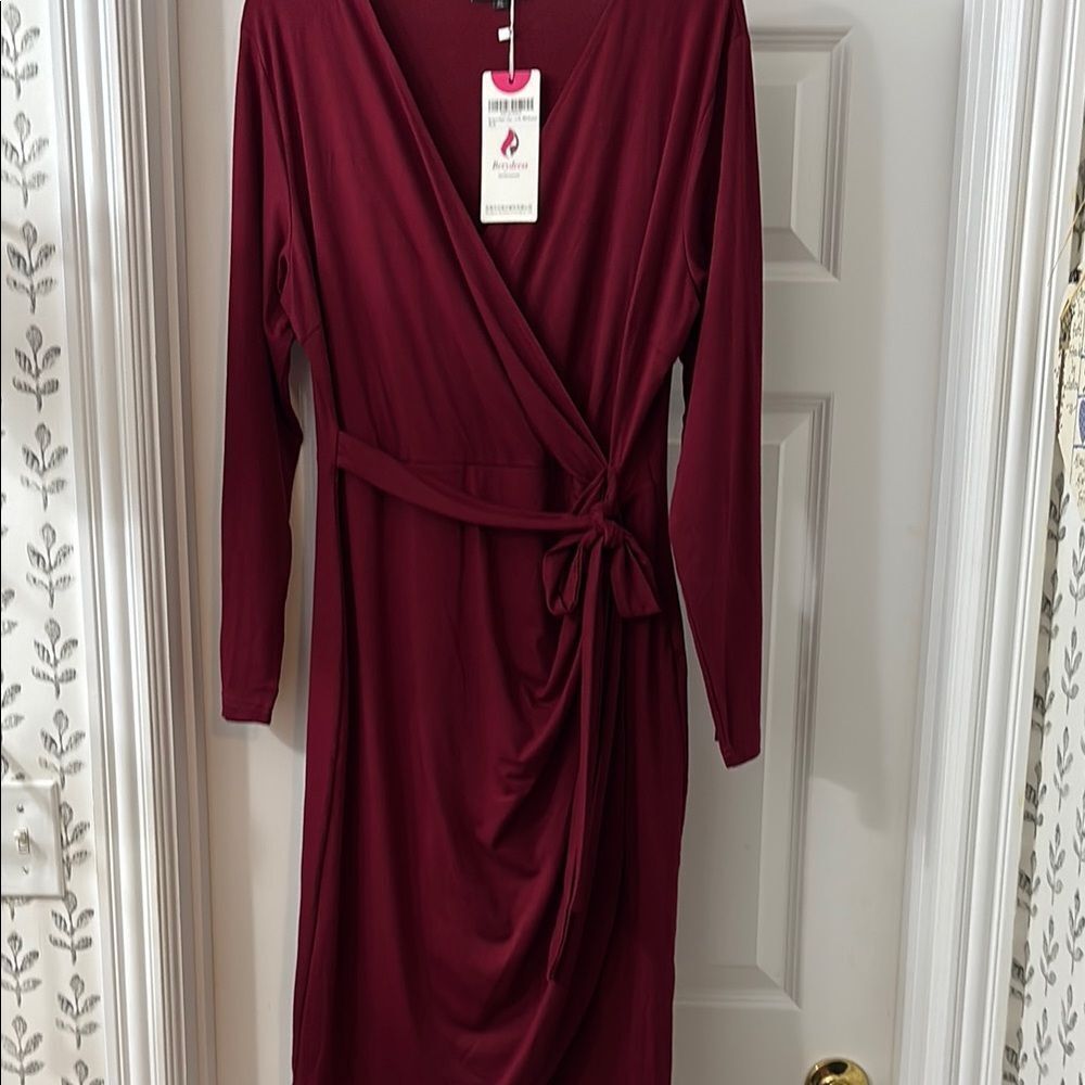 Burgundy Long Sleeve V-Neck Wrap Dress